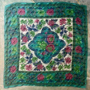 Berkshire Teal Blue Pink Floral Scarf | Vintage Square | Made in Italy 31"x31"